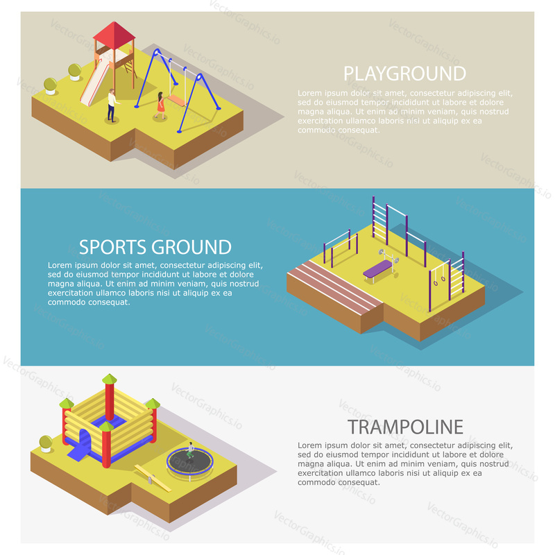 Sport a rekreace vektor web banner šablony set. Izometrická trampolína, dětské hřiště a sportovní hřiště venkovní cvičební vybavení.