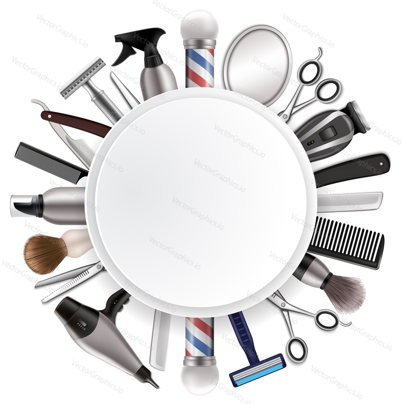 Barbershop frame with barber tools, vector illustration. Hairdresser background with mirror, scissors, comb, hairdryer, hair clipper, shave brush, barber pole other haircut beard grooming accessories.