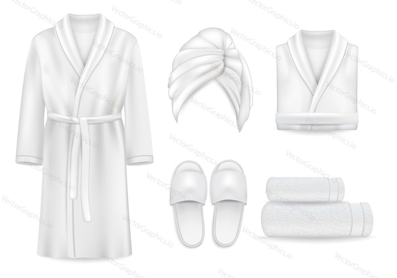 Spa apparel oblečení mock up set, vektorové ilustrace izolovaných na bílém pozadí. Realistický ručně kreslený froté načechraný ručník, pantofle, luxusní župan pro vířivky.