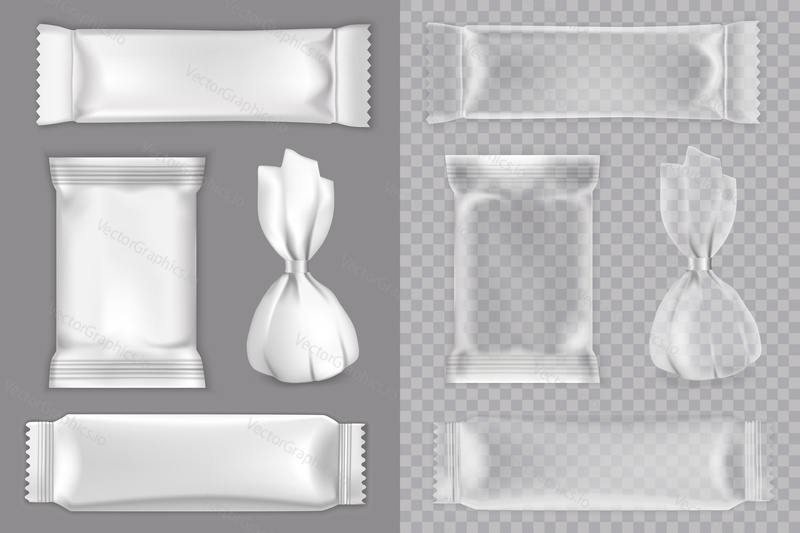 Candy packaging mockup set, vector isolated illustration. Realistic white and transparent blank plastic foil food snack pack for candy, chocolate bar etc.