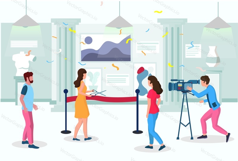 Art gallery grand opening exhibition event ceremony, vector illustration. Fine art paintings gallery interior with woman cutting red ribbon before cameraman, visitors, artists. Art galleries industry.