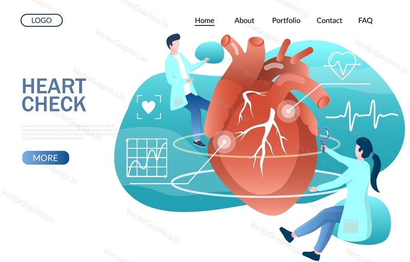 Heart check vector website template, web page and landing page design for website and mobile site development. Heart health, cardiology concept with characters.