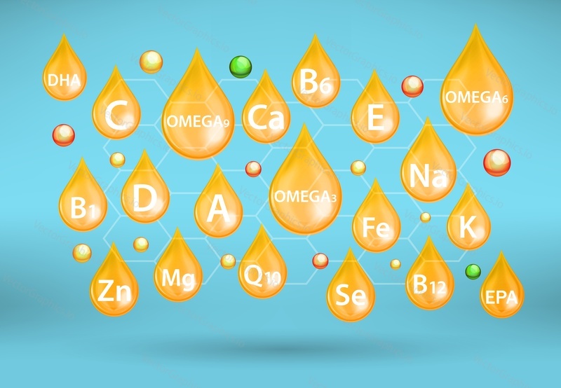 Omega 3 6 9, kapky vápníku a vitamínů, vektorové ilustrace. Omega výživové produkty. Multivitaminové, minerální a omega doplňky.