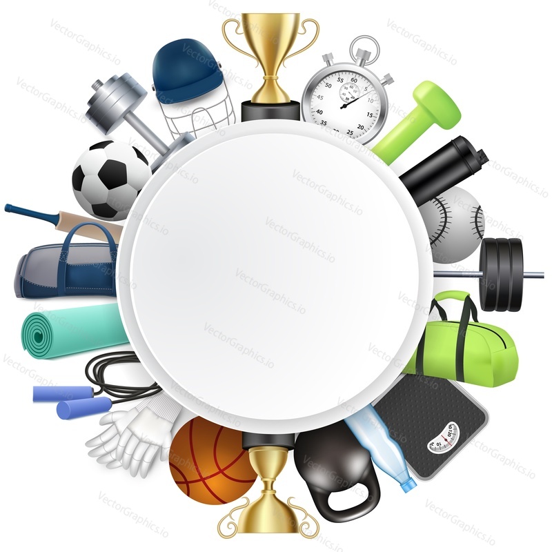 Sport round frame, vector realistic illustration. Fitness gym, soccer, cricket, basketball game championship card, label template with sports equipment and protective gear, copy space.