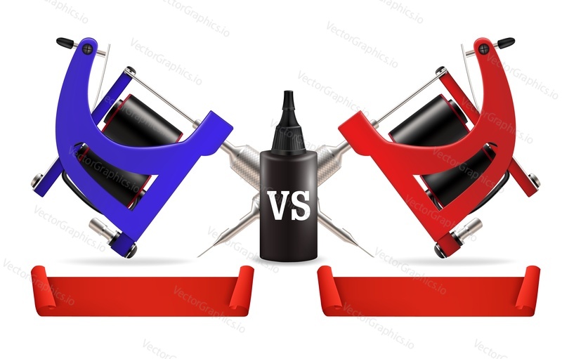 Tattoo artists battle emblem, logo, vector illustration. Realistic two crossed tattoo machines, ink bottle and red ribbons composition for tattoo master show.