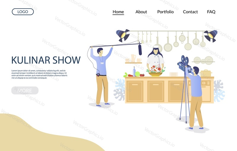 Kulinar show vektorové webové stránky šablony, webové stránky a vstupní stránky design pro webové stránky a vývoj mobilních stránek. Vaření televizní show koncept s postavami žena kuchař a dva kameramani.