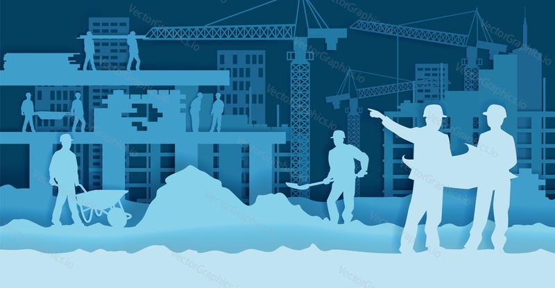 Construction site with engineer and workers, vector illustration in paper art modern craft style. Home building industry concept for poster, banner, website page etc.