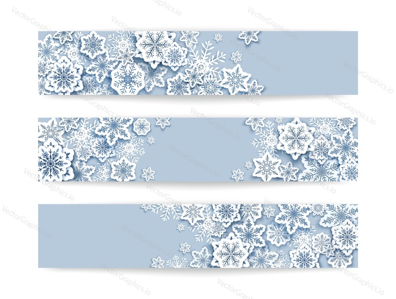 Merry Christmas and Happy New Year horizontal poster, banner vector template set with white paper cut snowflakes on blue background, copy space.