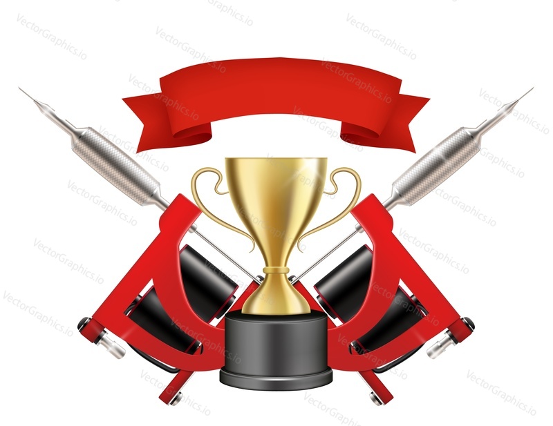 Tattoo championship emblem, logo, vector illustration. Realistic gold trophy cup, two red crossed tattoo machines and ribbon composition for tattoo artists competition, body art event.