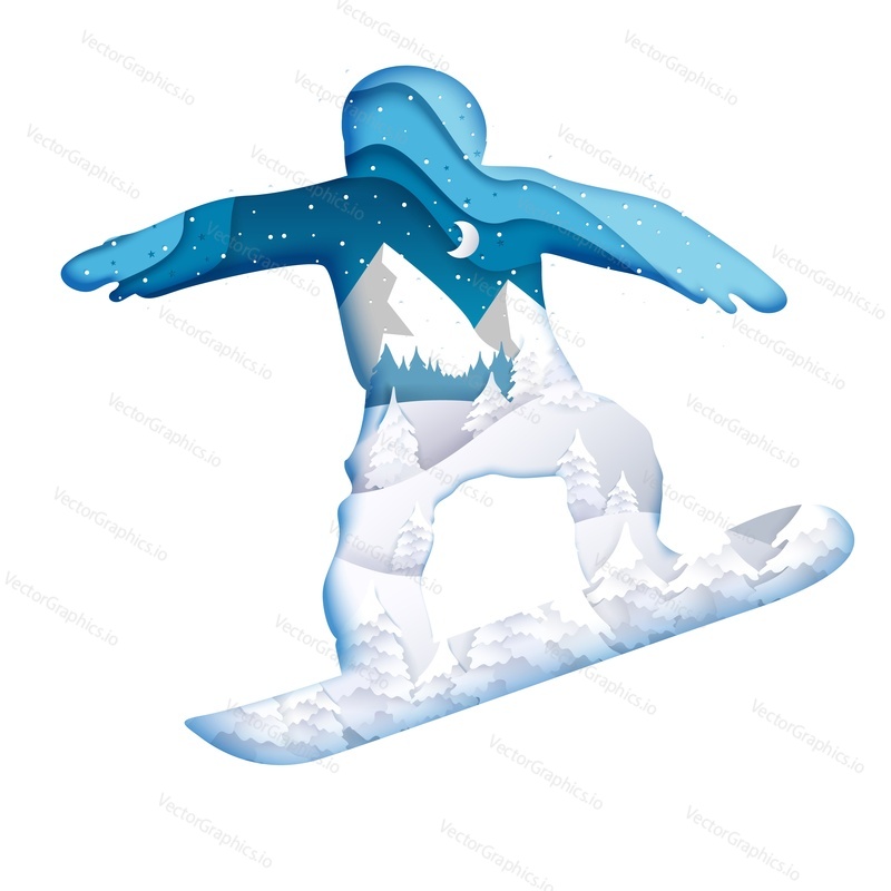 Dvojitá expozice vektor vrstvený papír řez snowboardista silueta s zimní noční přírodní krajiny uvnitř. Trendy kompozice pro zimní sporty na kartu, plakát, banner, webovou stránku atd.