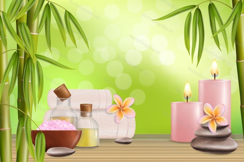 Spa léčba salon reklamní plakát šablona, vektorové realistické ilustrace. Lázeňské pozadí s bambusem, aroma svíčkami, solí, kameny, olejovými lahvemi, ručníky a kopírovacím prostorem.