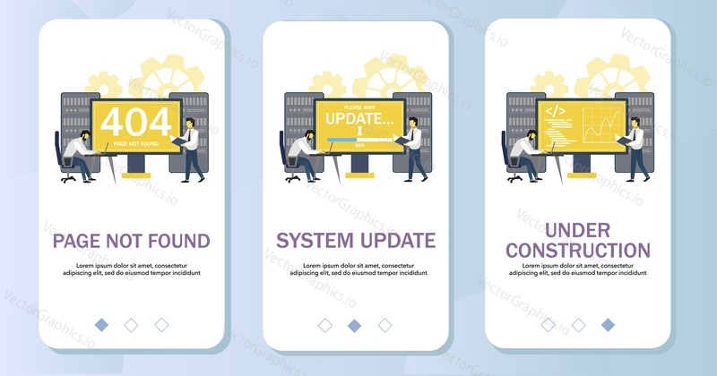 Stránka nebyla nalezena, aktualizace systému a ve výstavbě mobilní aplikace onboarding obrazovky. Menu banner vektorová šablona pro vývoj webových stránek a aplikací.