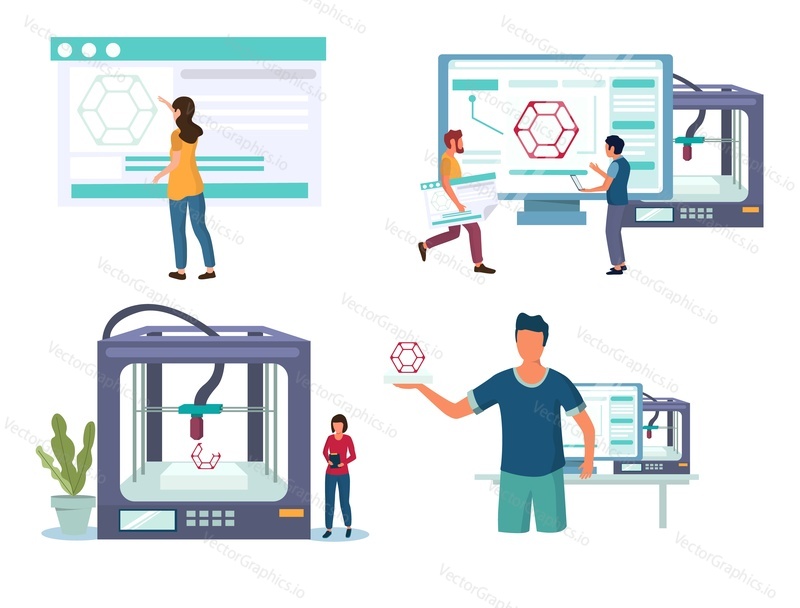3D tiskárna se znaky složení set, vektorové ilustrace izolovaných na bílém pozadí. Technologie rychlého prototypování 3D tisku, koncept aditivní výroby pro webový banner, webovou stránku atd.