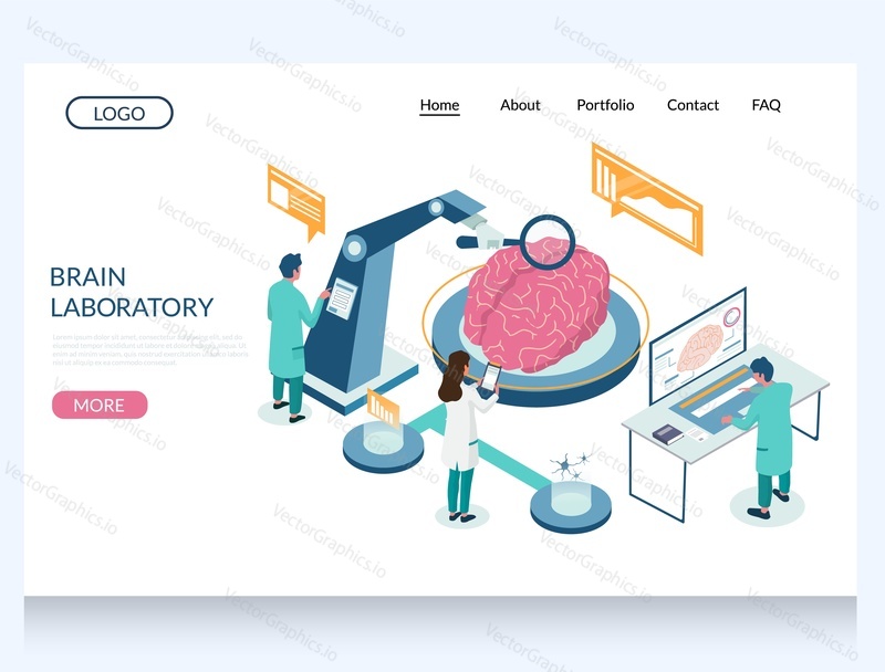 Šablona webových stránek Brain laboratory vector, design webových stránek a vstupních stránek pro vývoj webových stránek a mobilních stránek. Vyšetření zdraví mozku a diagnostické testy, psychologie, tomografie hlavy.