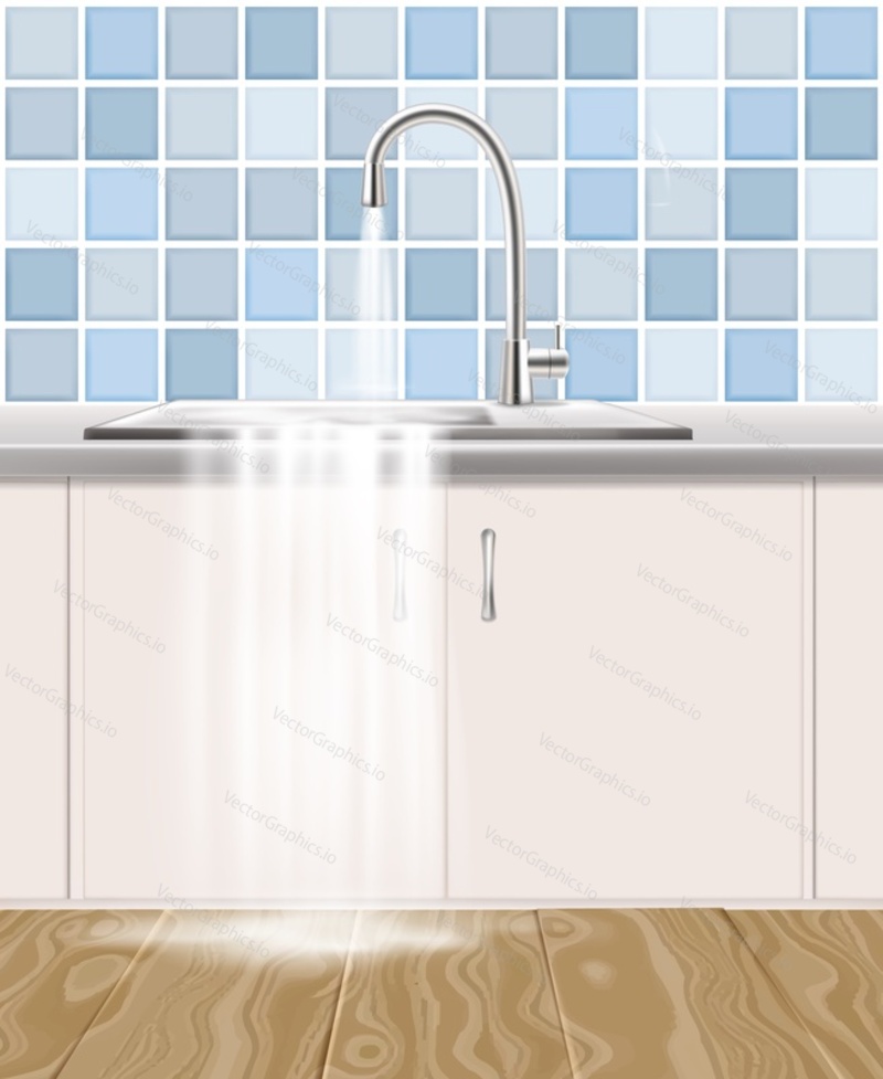 Water leaking out of kitchen sink, vector realistic illustration. Clogged waste pipe, plumbing accident concept.