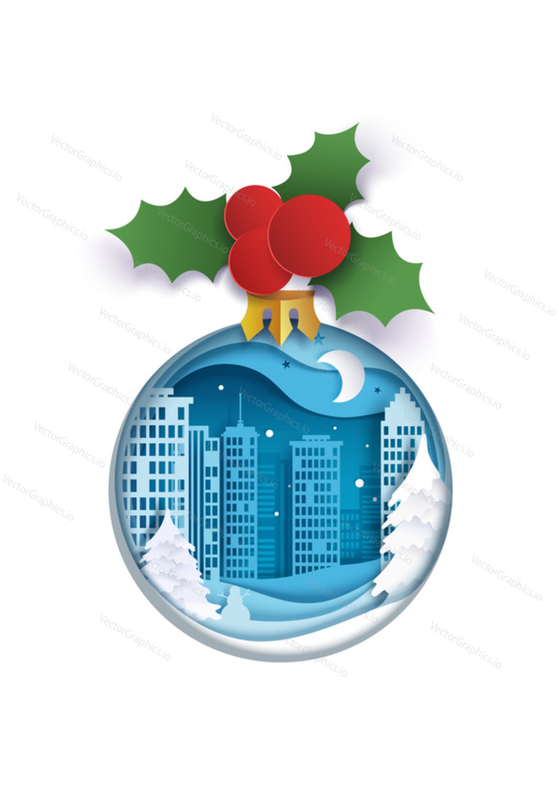 Layered paper cut Christmas tree ball with winter night cityscape inside and holly berry, vector isolated illustration. Merry Christmas Happy New Year composition for greeting card invitation etc.