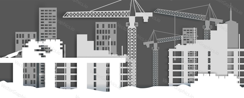 Construction site, vector illustration in paper art modern craft style. House construction, home building industry concept for poster, banner, website page etc.