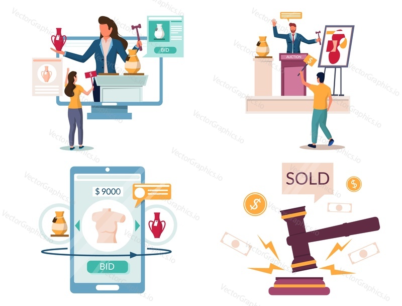 Auction composition set, vector illustration. Buying and selling property at auction, online bidding, male and female characters of auctioneer and buyers.