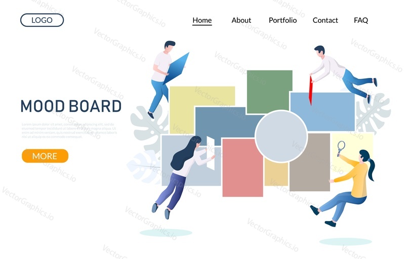 Mood board vector website template, web page and landing page design for website and mobile site development. Micro male and female characters creating huge inspiration moodboard.