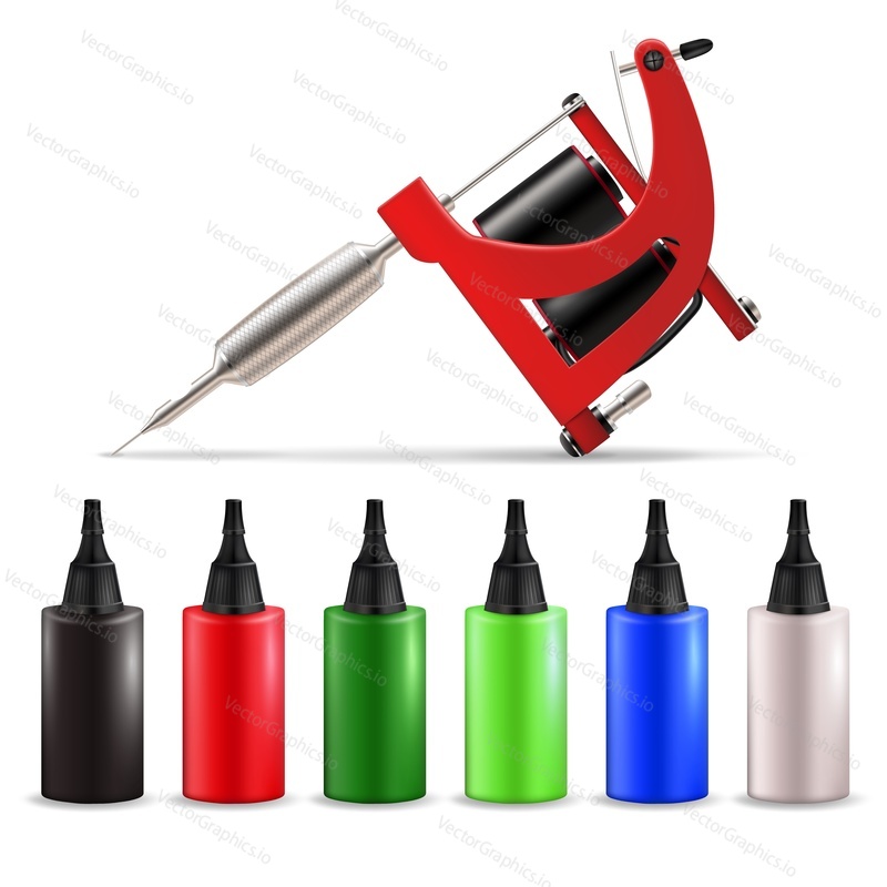 Tattoo machine and ink bottles for tattooing, vector realistic illustration isolated on white background. Tattoo art studio equipment and supplies.