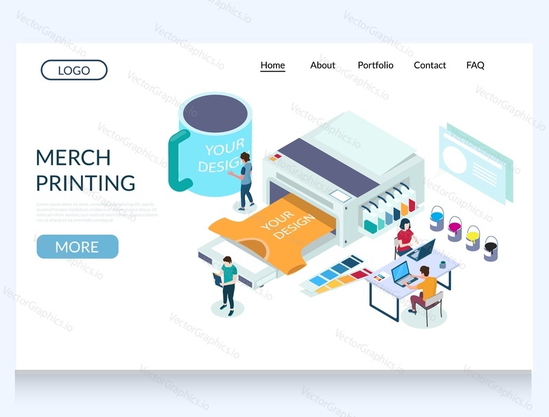 Merch printing vector website template, web page and landing page design for website and mobile site development. Custom apparel t-shirt printing services.
