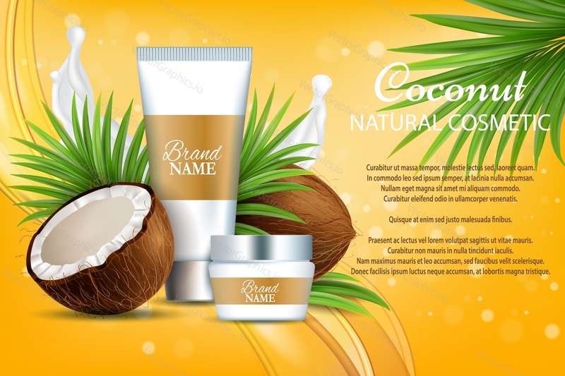 Kokosová přírodní kosmetika, šablona vektoru plakátu. Realistická celá polovina coco, krémová trubice, sklenice, palmové listy. Organic coconut beauty péče o pleť kosmetický výrobek značky reklamní kompozice s textem.