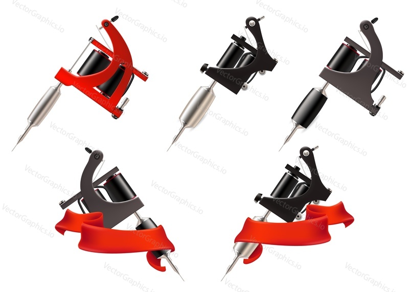 Tattoo machine set, vector realistic illustration isolated on white background. Professional equipment for tattoo art studio.