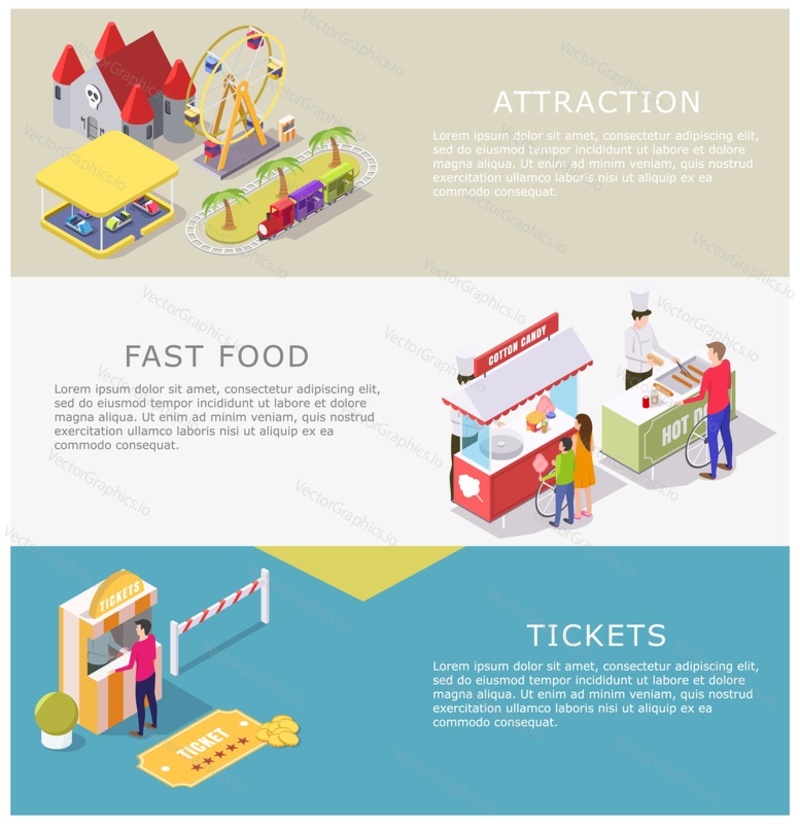 Amusement park vector web banner template set. Isometric carousel, medieval castle, ferris wheel, bumper cars, train ride attractions, cotton candy and fast food carts, ticket office and characters.