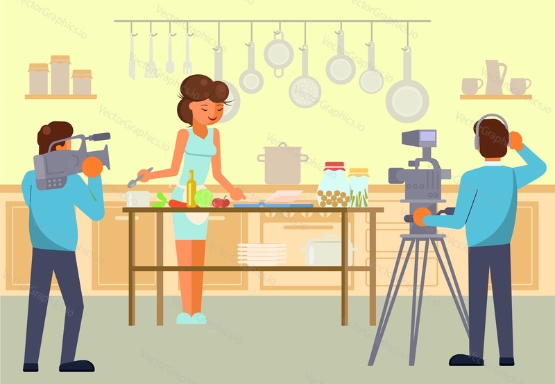 Žena vaření a filmový štáb mužské postavy nahrávání videa, vektorové ploché styl designu ilustrace. Kulinářská televizní show, koncept hlavní třídy vaření pro webový banner, webovou stránku atd.