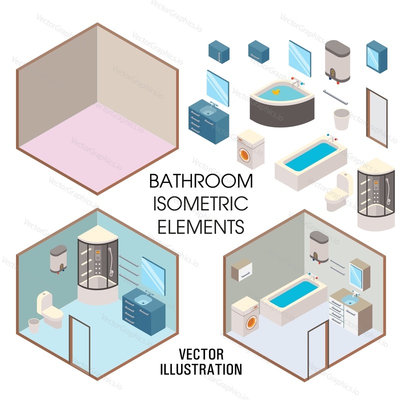 Bathroom interior constructor, vector flat isolated illustration. Isometric cutaway bathrooms and furniture bathtub, shower stall, mirror, toilet, washbasin, towel rack and bathroom cabinet.
