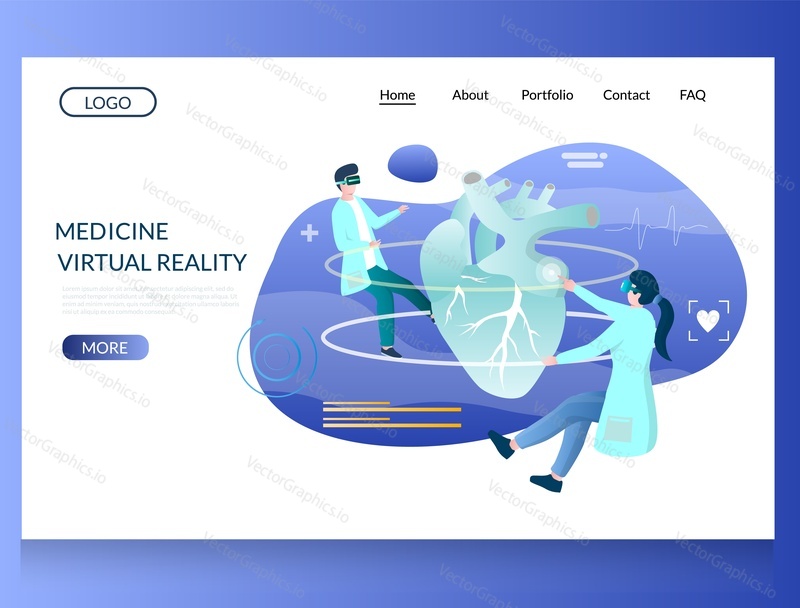 Medicine virtual reality vector website template, web page and landing page design for website and mobile site development. VR medical simulation and training.