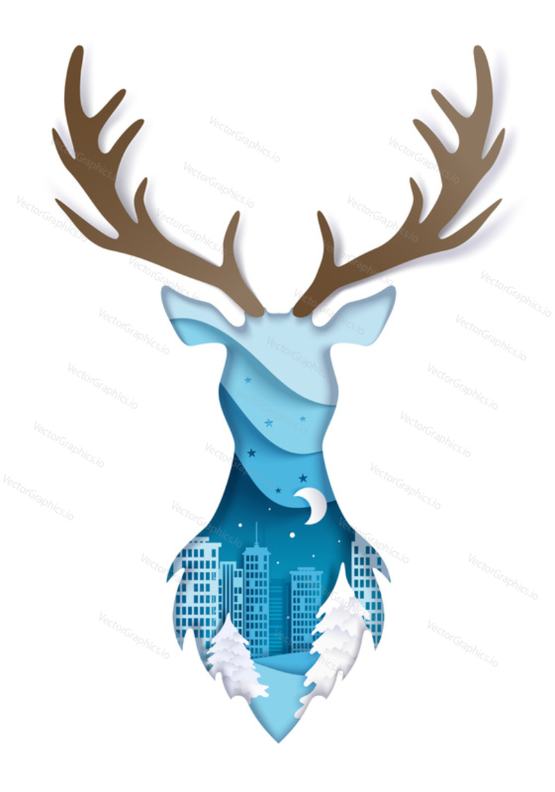 Double exposure vector layered paper cut wild deer head silhouette with winter night cityscape inside. Winter trendy composition for greeting card, poster, banner, website page etc.