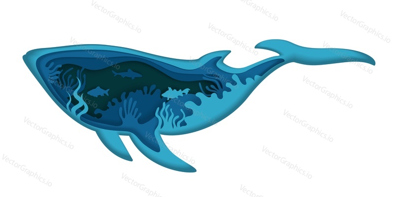 Double exposure vector layered paper cut large whale silhouette and underwater sea cave with coral reef, fish. Beautiful trendy marine composition for card, poster, banner, website page etc.