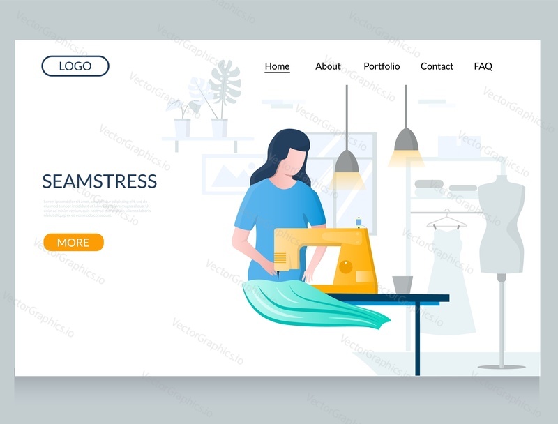 Seamstress vector website template, web page and landing page design for website and mobile site development. Tailoring shop, atelier, garment factory, fashion sewing studio, custom clothing.