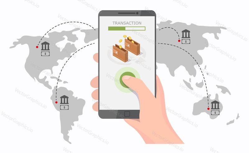 Карта мира, рука, держащая смартфон с приложением для перевода денег по всему миру, векторная плоская иллюстрация. Концепция глобальных онлайн-платежей, мобильного банкинга и мобильных транзакций.