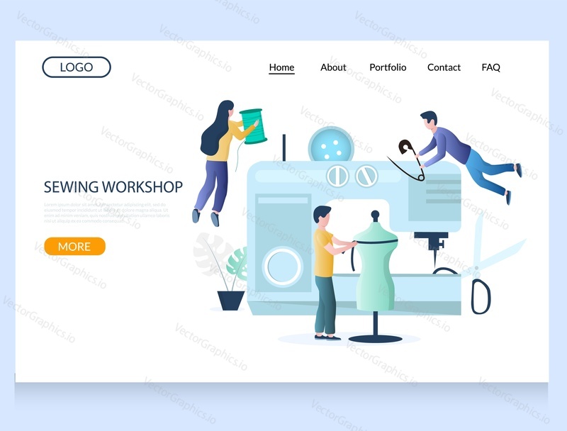 Šití workshop vektorové webové stránky šablony, webové stránky a vstupní stránky design pro webové stránky a mobilní vývoj webu. Obrovský šicí stroj a mikro mužské a ženské postavy se závitem, špendlíkem atd.