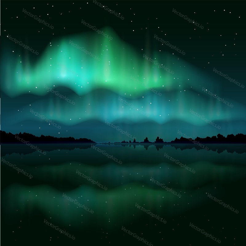Krásné barevné polární záře, realistická polární záře, vektorové ilustrace. Noční obloha a úžasné polární světla pro plakát, banner atd.