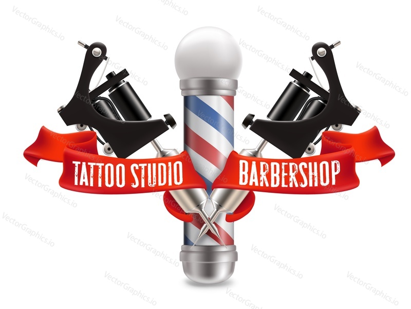 Tetovací studio a holičství štítek, Logo vektorové šablony. Realistická Holičská tyč, dva černé zkřížené tetovací stroje a červená stuha na bílém pozadí.