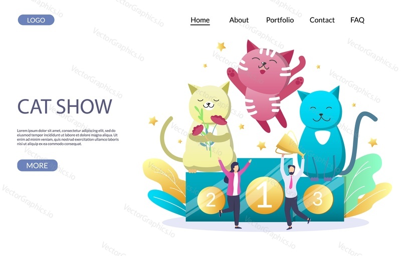 Cat show vektorové webové stránky šablony, webové stránky a vstupní stránky design pro vývoj webových stránek a mobilních stránek. Kočky stojící na vítězném podstavci a šťastní majitelé s trofejním pohárem. Výstava plemen koček.