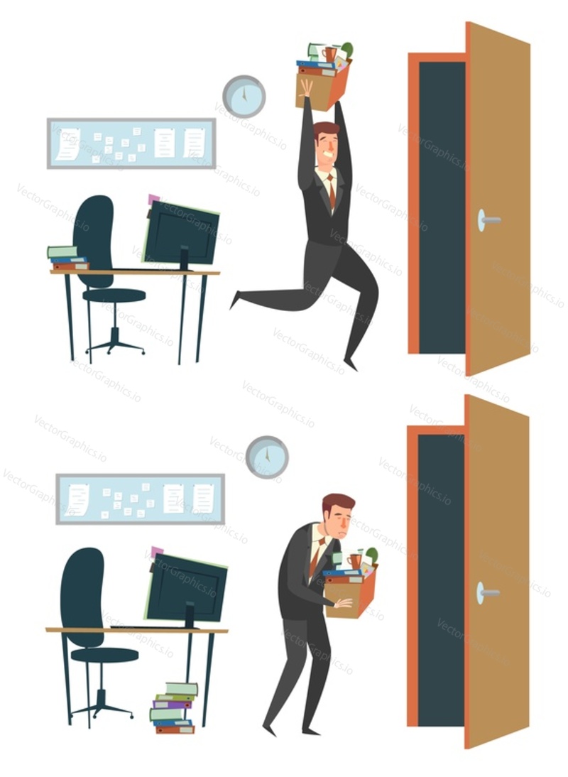 Vystřelil smutný a šťastný zaměstnanec mužské kreslené postavičky, vektorové ploché styl designu ilustrace. Propouštění, koncept zaměstnání pro webový banner, webovou stránku atd.