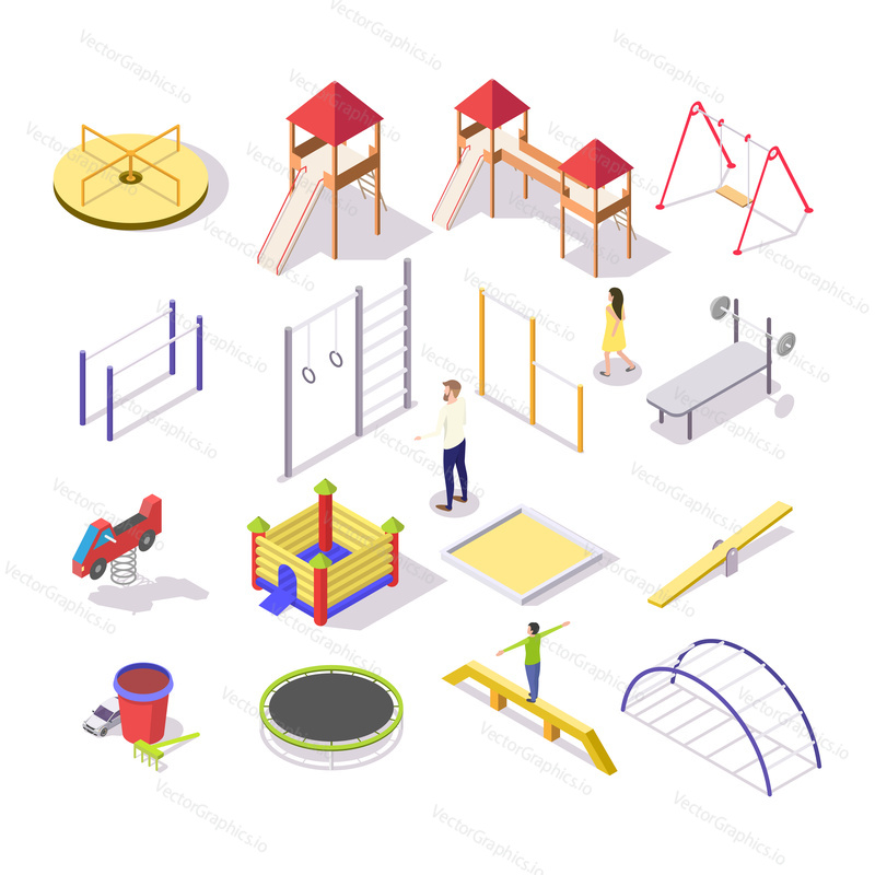 Dětské hřiště icon set, vektorové ploché izolované ilustrace. Izometrické skákací trampolíny, skluzavka, houpačka, jarní rocker, kolotoč, pískoviště atd. Hrací, sportovní a parkové vybavení pro venkovní použití.