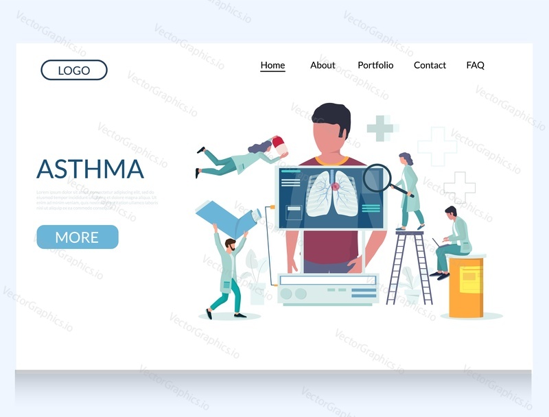 Asthma vector website template, web page and landing page design for website and mobile site development. Lékaři vyšetřující pacienta trpícího příznaky astmatického onemocnění. Medicína a zdravotní péče.