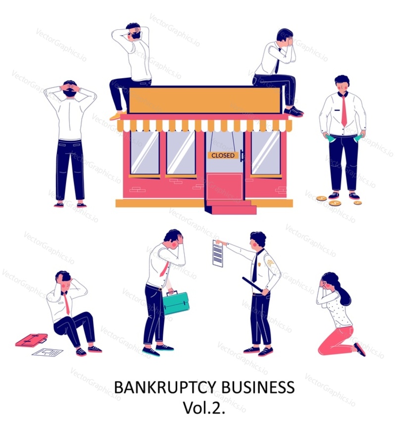Business bankruptcy character set, vector flat isolated illustration. People panic because of closed office, financial troubles, unpaid debts, job loss. Financial crisis, business failure.