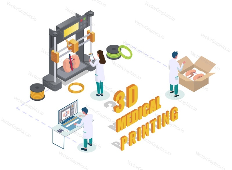 Ученые создают почки с помощью медицинского 3d-биопринтера для научных исследований, векторная плоская изометрическая иллюстрация. Процесс 3d-медицинской биопечати человеческих органов.