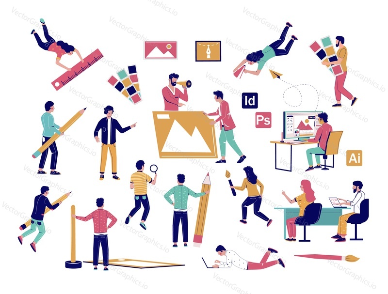 Graphic designer and illustrator team, vector flat isolated illustration. Art professionals using various graphic design software tools to create artwork paintbrush, pencil, ruler, color swatches etc.