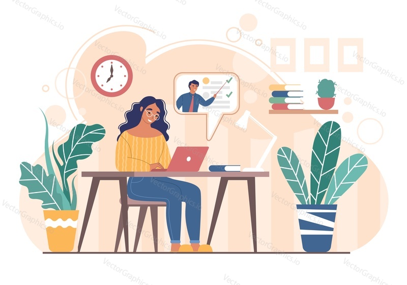 School girl watching video lesson sitting at table in front of laptop computer, vector flat illustration. Home schooling or home education. Remote distance education during coronavirus quarantine.