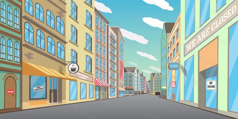 Prázdné downtown street, vektorové ilustrace. Krásná pěší nákupní ulice s uzavřenými obchody, butiky, restauracemi, kavárnou. Karanténa, sociální distanční opatření kvůli vypuknutí viru corona.