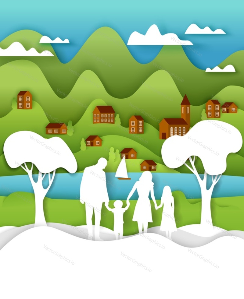 Happy family walking together. Vector layered paper cut craft style illustration. Father, mother with two kids standing on river bank holding hands. Happy family outdoors activity concept.
