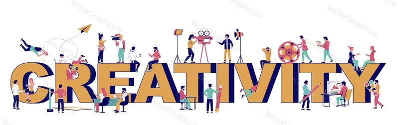 Kreativita typografie vektorové banner šablony. Kreativní lidé profese. Grafický a pohybový designér, digitální umělec filmař vytvářející vektorové ilustrace, animované video. Grafický a pohybový design