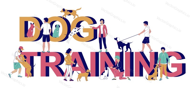 Výcvik psů typografie banner šablona, vektorové ploché ilustrace. Lidé trenéři, majitelé domácích zvířat učí štěňata provádět příkazy, hrát s nimi hry. Hbitost psů, kurzy výcviku poslušnosti.